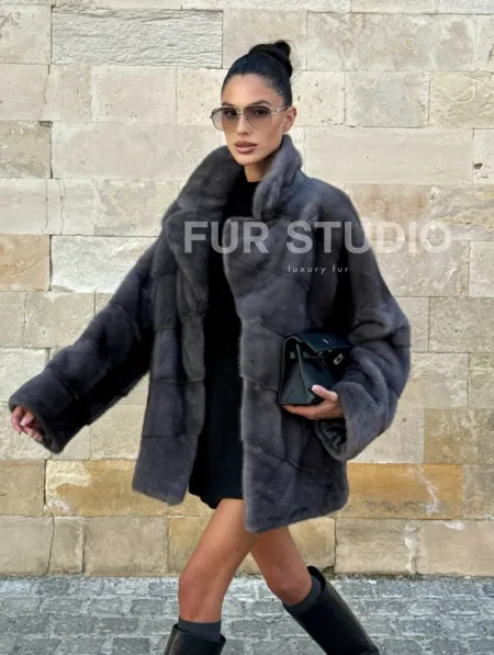 Короткая норковая шуба с английским воротником - цвет графит - фото 11