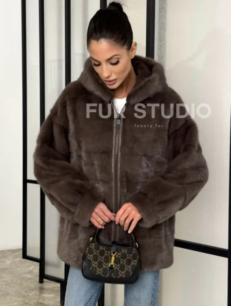 Норковый полушубок с капюшоном на молнии - фото 2