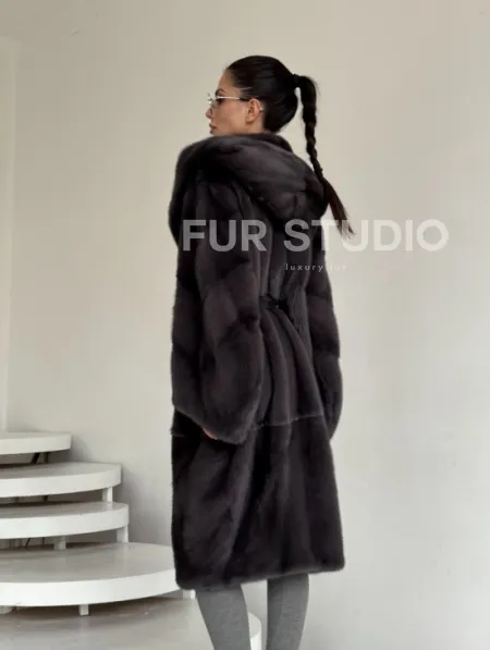 Зимняя норковая шуба с капюшоном - цвет графит - фото 9