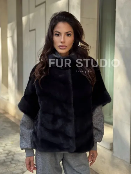 Женская меховая норковая куртка -темный графит - фото 8