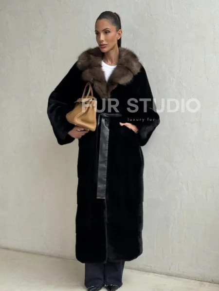 Черная норковая шуба - воротник куница - фото 5