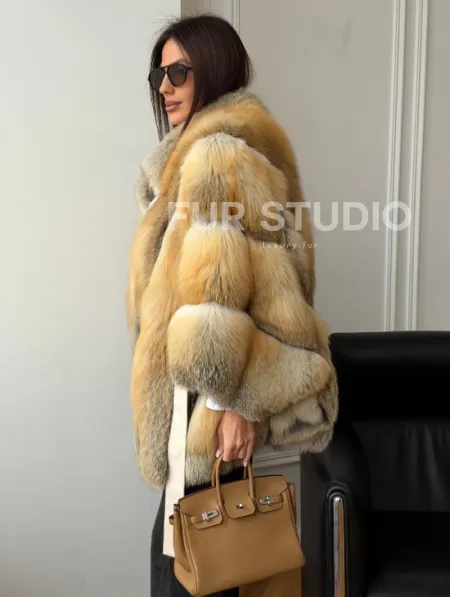 Шуба - пончо из лисы с поясом - фото 6