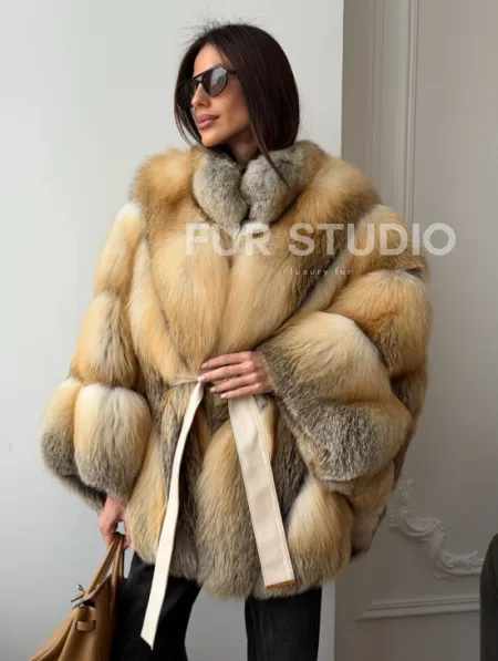 Шуба - пончо из лисы с поясом - фото 8