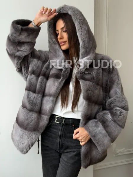 Норковый полушубок с капюшоном - цвет Platinum - фото 10