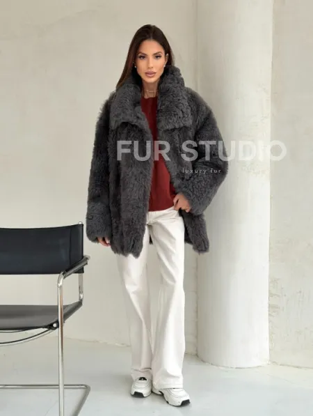 Серая дубленка из тиградо - фото 10
