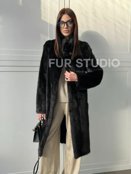 Черная норковая шуба - воротник стойка - фото 10
