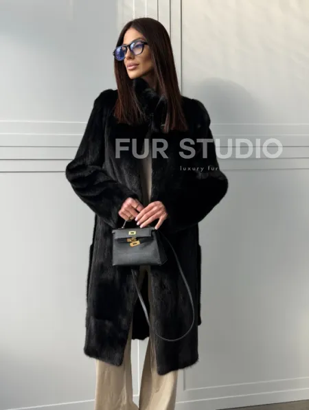 Черная норковая шуба - воротник стойка - фото 14