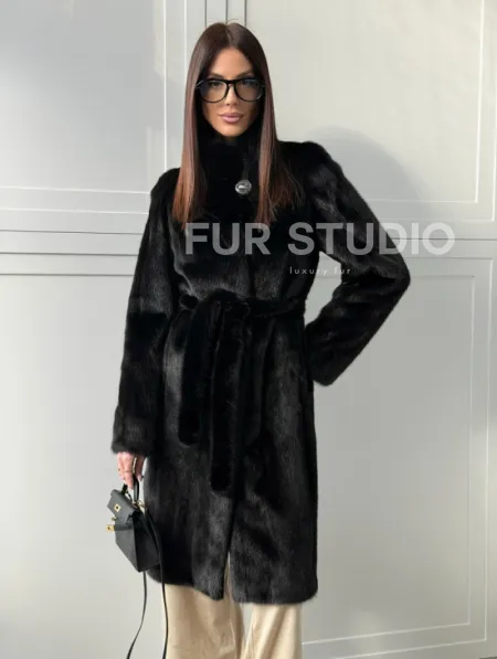 Черная норковая шуба - воротник стойка - фото 4