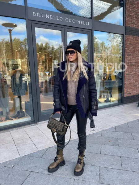 Авиатор из натуральной овчины в синем цвете - фото 6