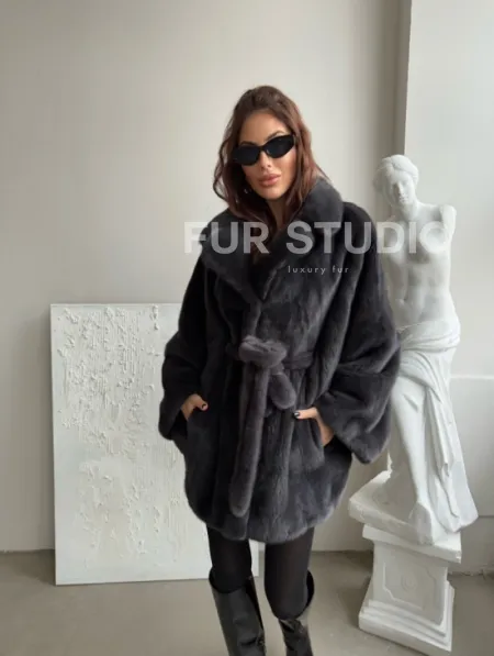 Шуба - манто из меха норки Nafa в цвете графит - фото 3