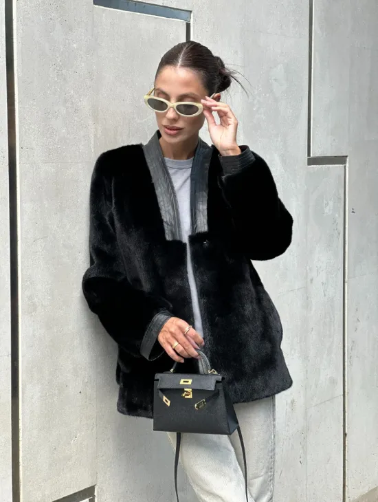 Шуба - жакет из меха норки с отделкой из кожи - фото 9