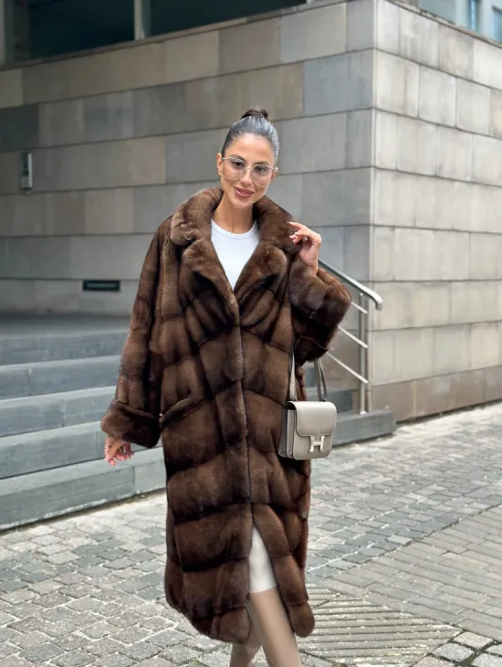 Шуба из меха норки английский воротник - цвет соболь - фото 6