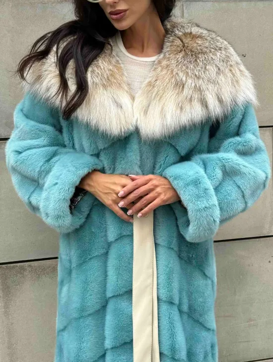 Шуба норковая с капюшоном из меха рыси - цвет Тиффани - фото 6
