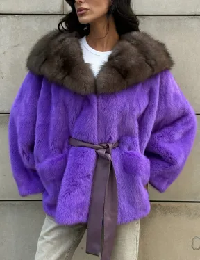 Шуба из норки Violet с капюшоном из меха куницы - фото 6