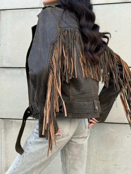 Куртка из натуральной кожи с бахромой «Vintage» - коричневая - фото 3