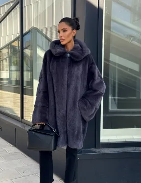 Норковая шуба с капюшоном,  роспуск - темный графит - фото 8