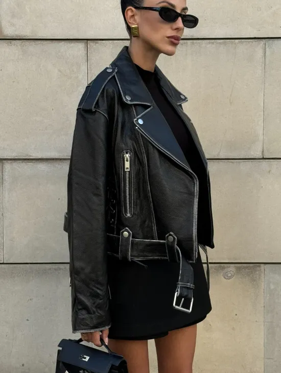 Куртка-косуха из натуральной кожи «Vintage»  со шнуровкой - цвет черный - фото 10