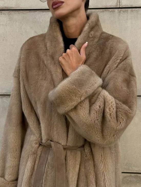 Норковая шуба цельный мех стойка воротник - цвет Caramel - фото 1