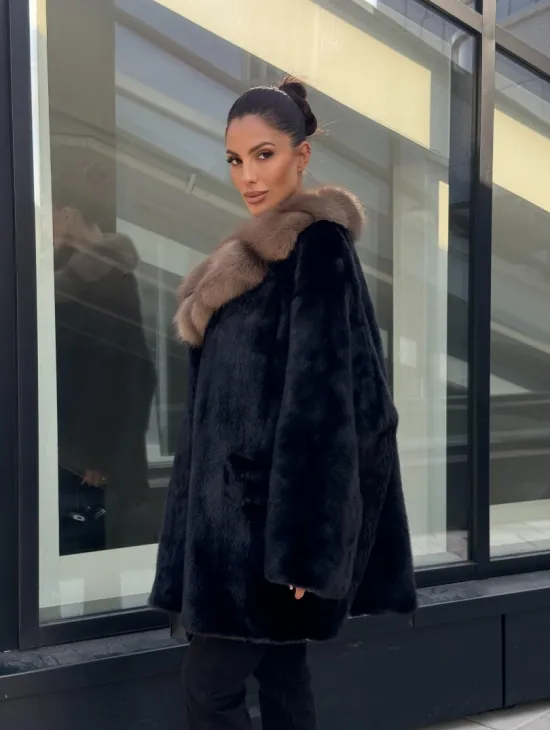 Женское меховое полупальто из норки- воротник куница - фото 10
