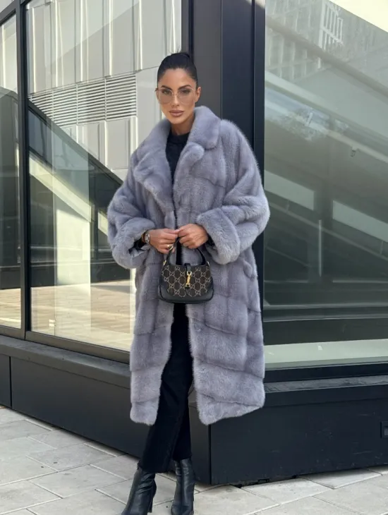 Голубая норковая шуба английский воротник, фасон кокон - фото 0