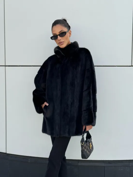 Норковая шуба полупальто из меха норки стойка воротник - фото 9