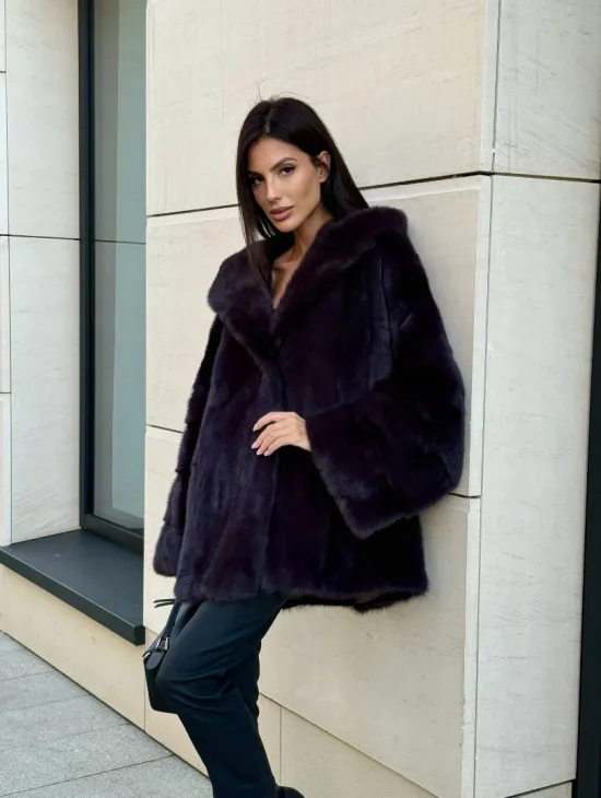 Меховое полупальто из аукционной норки с капюшоном Dark violet - фото 9