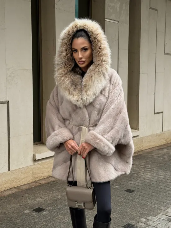 Шуба норковая кимоно с капюшоном из меха рыси, летучая мышь - фото 8