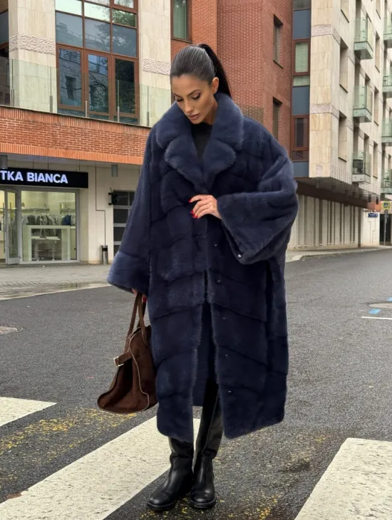 Норковая шуба-пальто в цвете джинс, стиль  “Бохо“ — батальный размер - фото 11