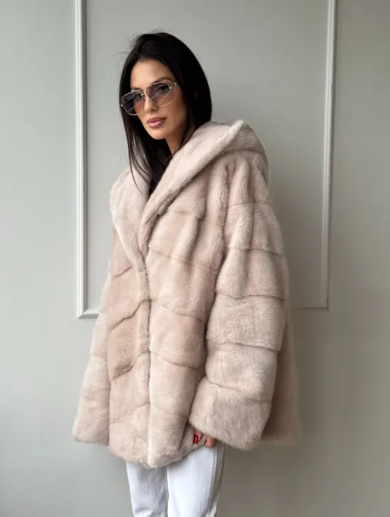 Зимняя норковая шуба цвет пудра с капюшоном - фото 0
