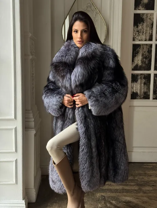Длинная шуба из натурального меха чернобурки, воротник шаль - фото 4
