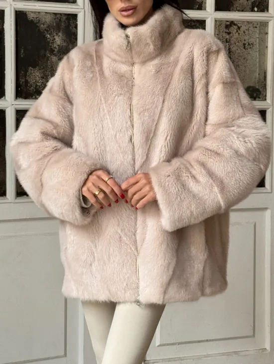 Зимняя норковая шуба - курточка, стойка воротник - на молнии - фото 1