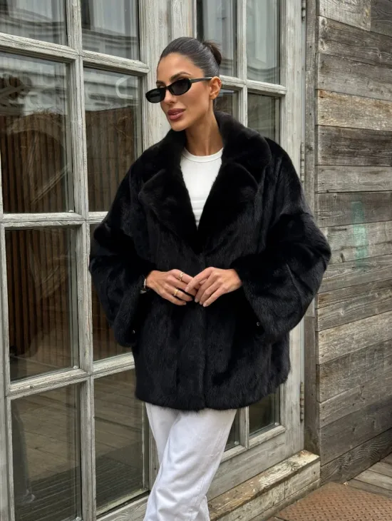 Женский норковый полушубок оверсайз в цвете Black, английский воротник - фото 9