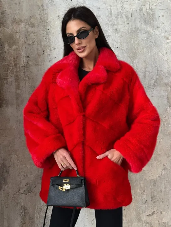 Красный полушубок из натурального меха норки - фото 0