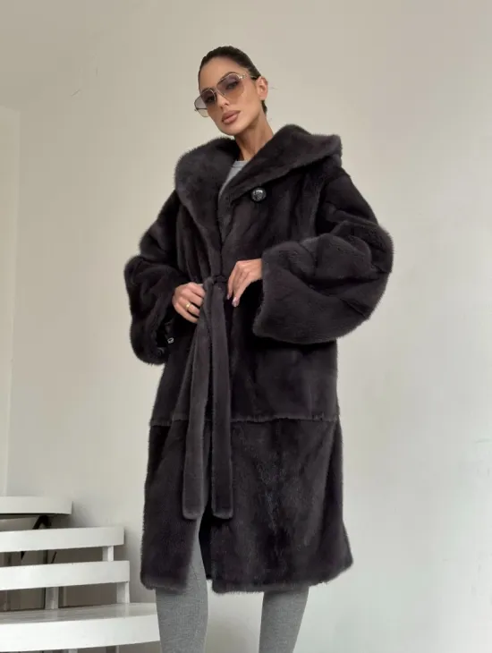 Зимняя норковая шуба с капюшоном - цвет графит - фото 5