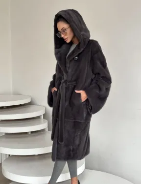 Зимняя норковая шуба с капюшоном - цвет графит - фото 6