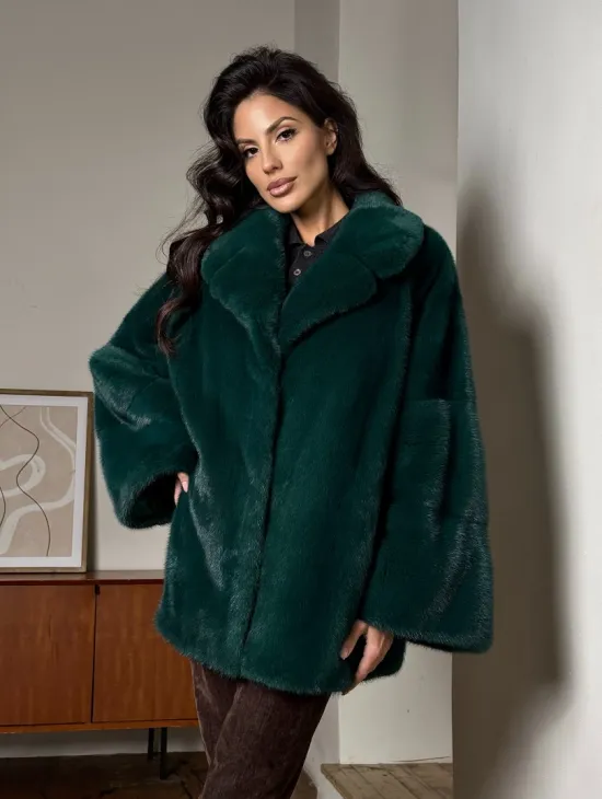 Изумрудная укороченная норковая шуба с английским воротником - фото 0