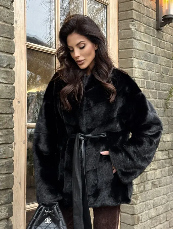 Черный норковый полушубок с воротником V-образным - фото 9