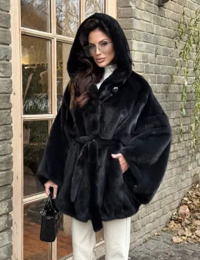 Меховое пончо из скандинавской норки с капюшоном - черный изумруд - фото 9