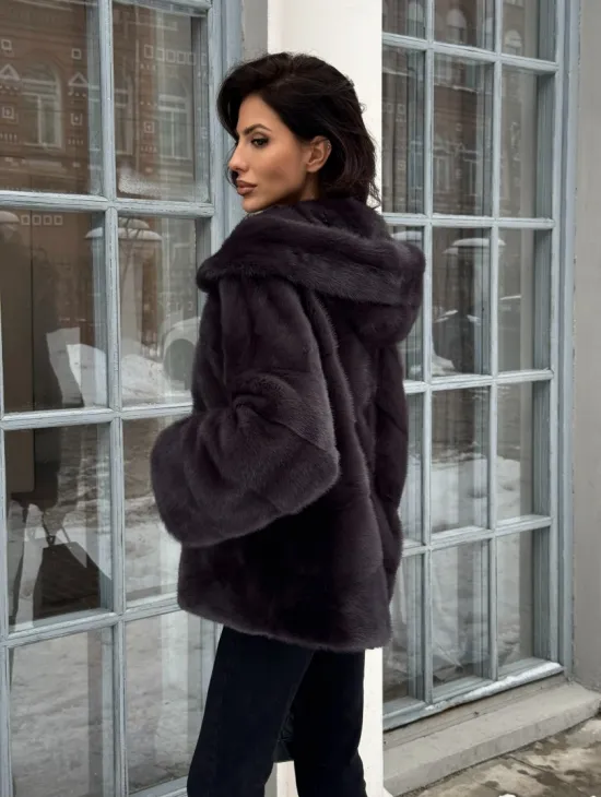 Меховой полушубок автоледи с капюшоном из меха норки графит - фото 6
