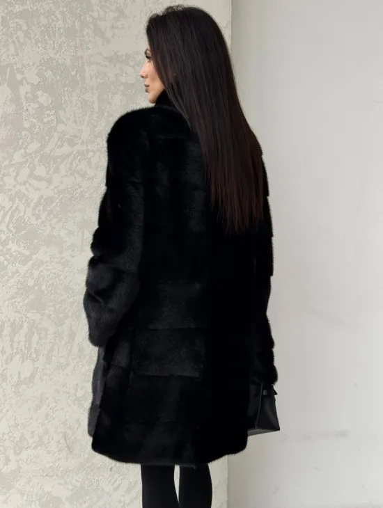 Норковая шуба в черном цвете воротник стойка - фото 2