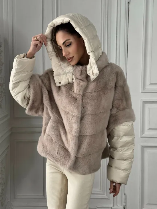 Норковый женский полушубок-жилет 2в1 в цвете «Нюд» - фото 5