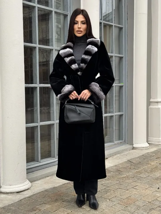 Шуба из стриженой норки с отделкой под шиншиллу - фото 5