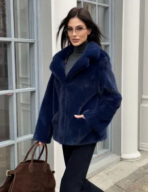 Синий норковый полушубок с английским воротником - фото 4
