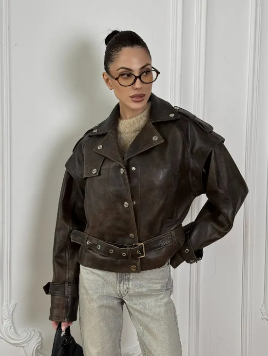 Женская косуха - жилет 2в1 трансформер из натуральной винтажной кожи - фото 9