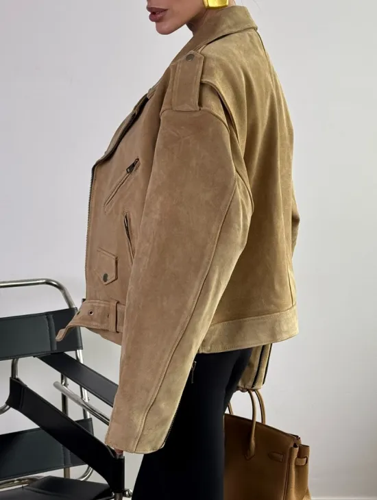 Косуха «Прямой Оверсайз» из мягкой кожи (замши) Camel - фото 3