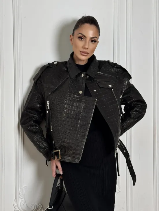 Укороченная куртка из натуральной кожи «CROCO» BLACK со шнуровкой на спине - фото 7