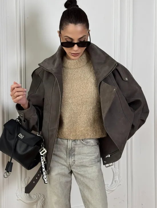 Современная куртка - бомбер из винтажной кожи Gray с двойным воротником - фото 2