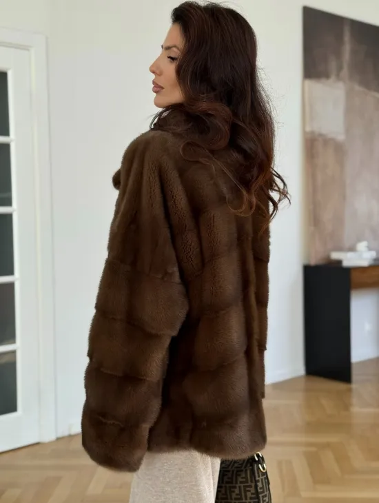 Шуба-кокон из норки с английским воротником и манжетом - фото 6