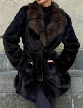 Норковая шуба махагон с куницей - фото 2