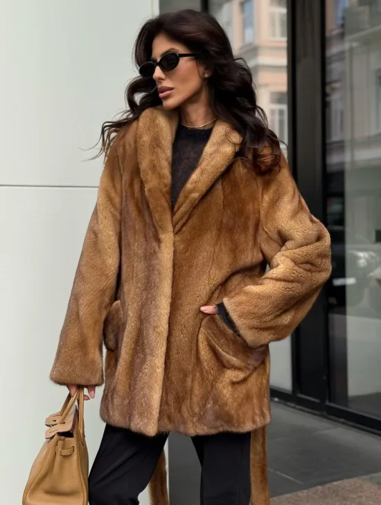 Норка жакет шалевый воротник - цвет Gold - фото 4